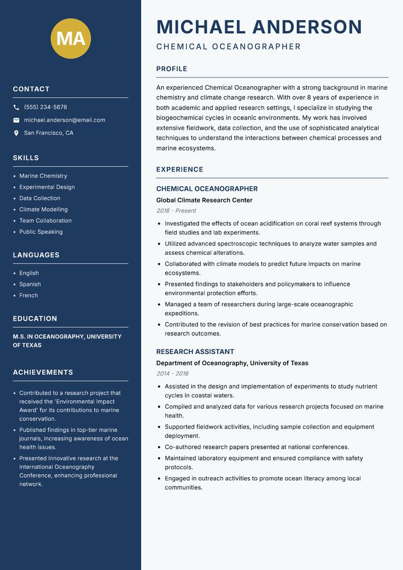 Chemical Oceanographer resume template — Classic Clean