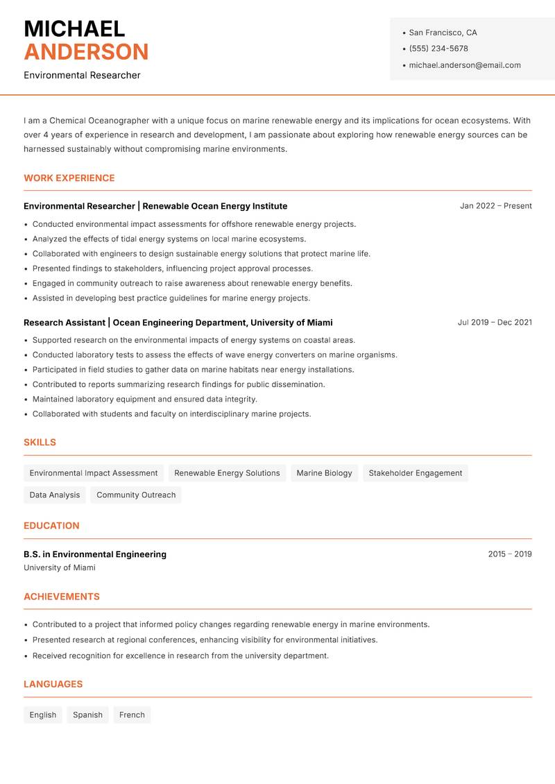 Chemical Oceanographer resume template — Modern Professional