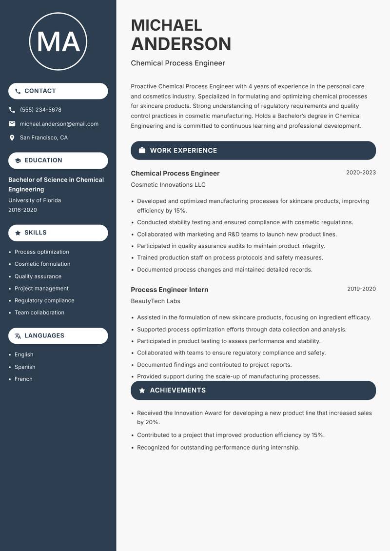Chemical Process Engineer resume template — Compact