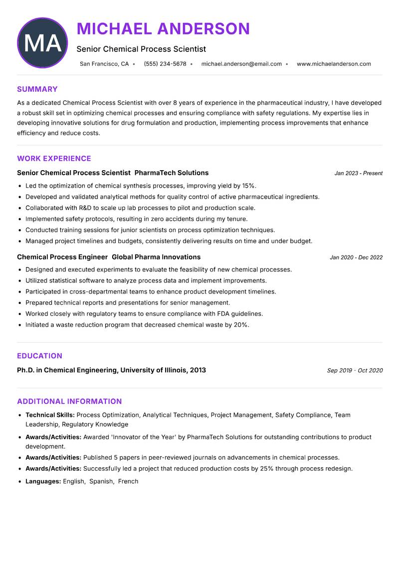Chemical Process Scientist resume example — ATS-friendly template