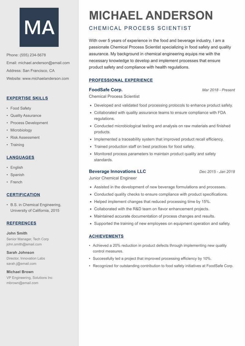 Chemical Process Scientist resume template — Creative Minimal