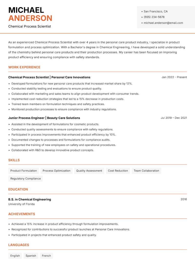 Chemical Process Scientist resume template — Modern Professional