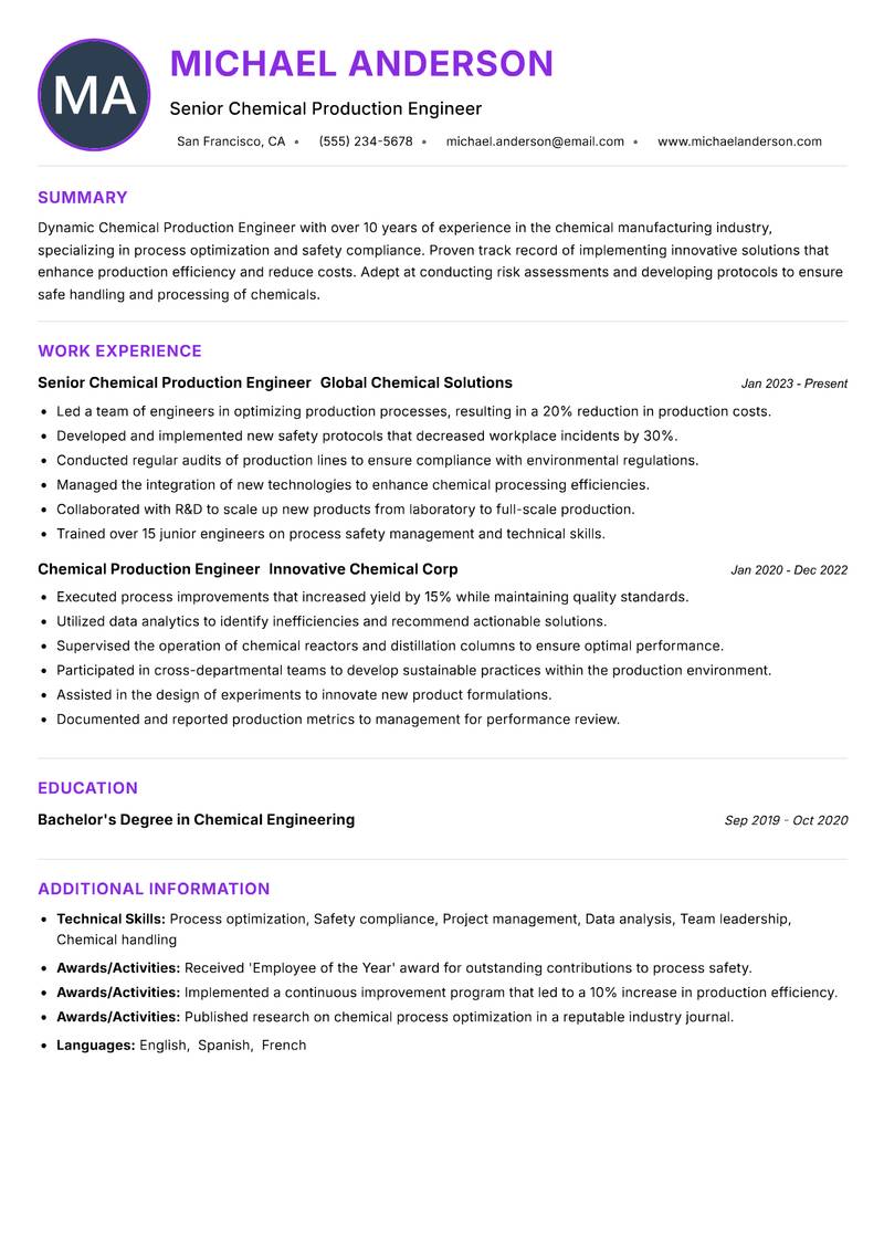 Chemical Production Engineer resume example — ATS-friendly template