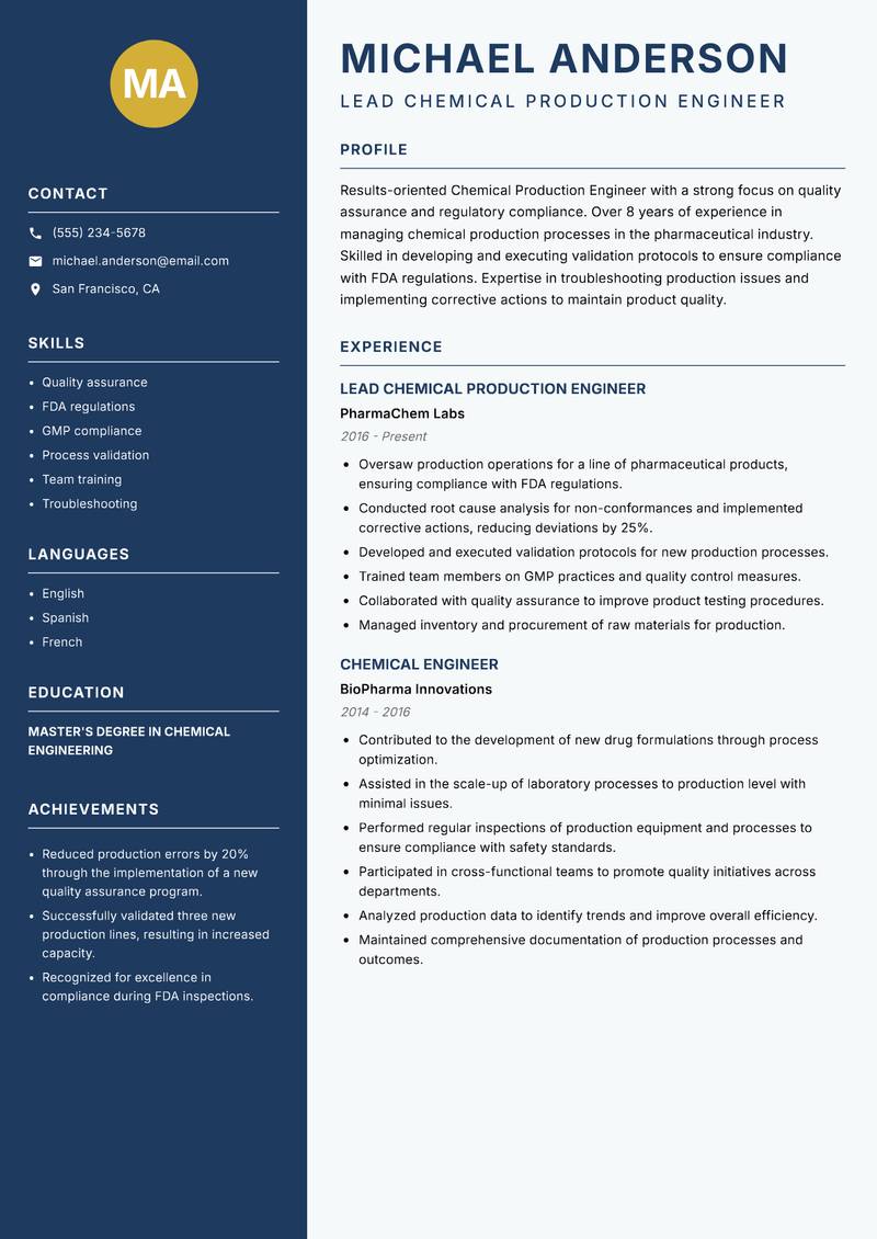 Chemical Production Engineer resume template — Classic Clean