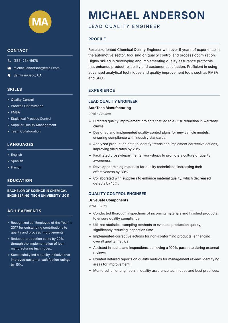 Chemical Quality Engineer resume template — Classic Clean