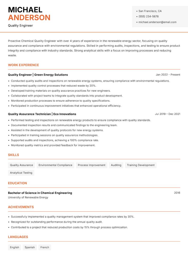 Chemical Quality Engineer resume template — Modern Professional
