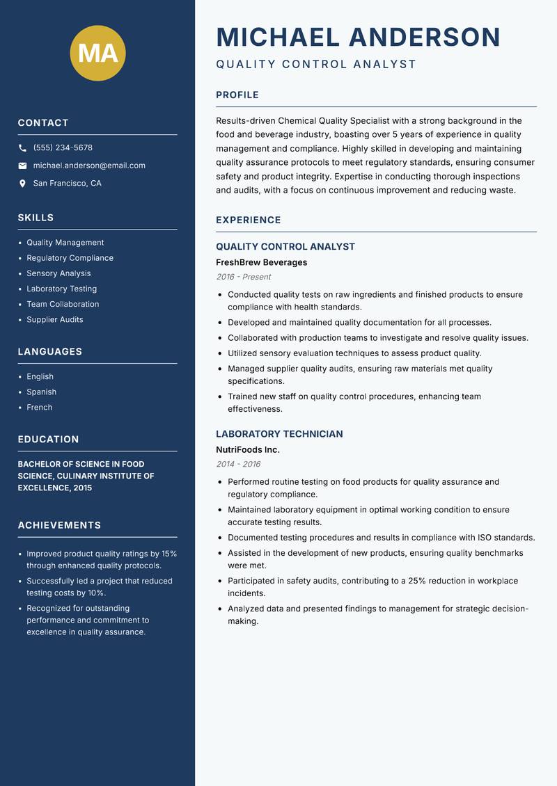 Chemical Quality Specialist resume template — Classic Clean
