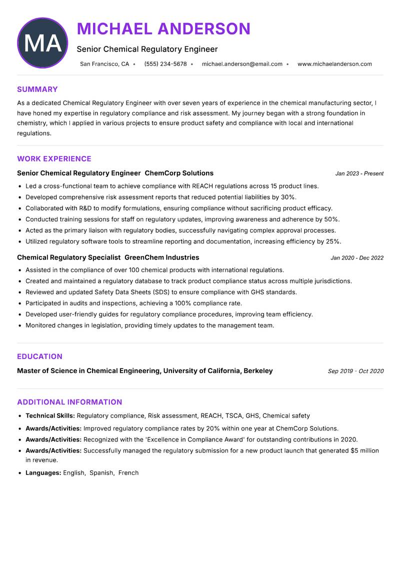 Chemical Regulatory Engineer resume example — ATS-friendly template