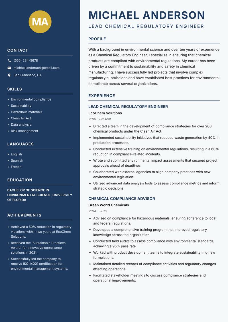 Chemical Regulatory Engineer resume template — Classic Clean