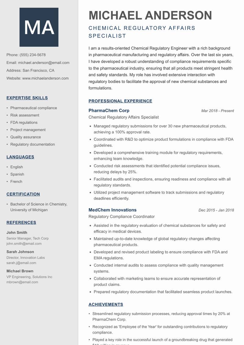 Chemical Regulatory Engineer resume template — Creative Minimal
