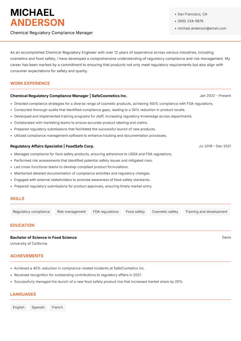 Chemical Regulatory Engineer resume template — Modern Professional