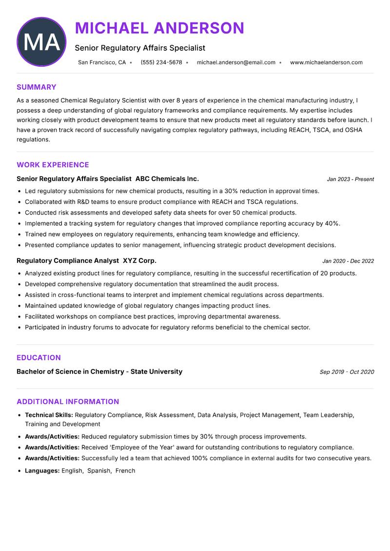 Chemical Regulatory Scientist resume example — ATS-friendly template