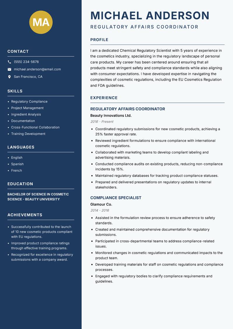 Chemical Regulatory Scientist resume template — Classic Clean