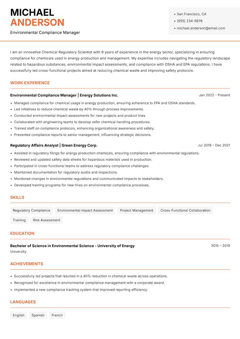 Chemical Regulatory Scientist resume template — Modern Professional
