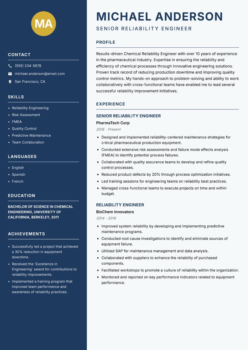 Chemical Reliability Engineer resume template — Classic Clean
