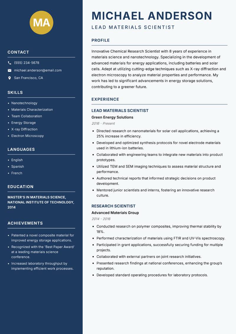 Chemical Research Scientist resume template — Classic Clean