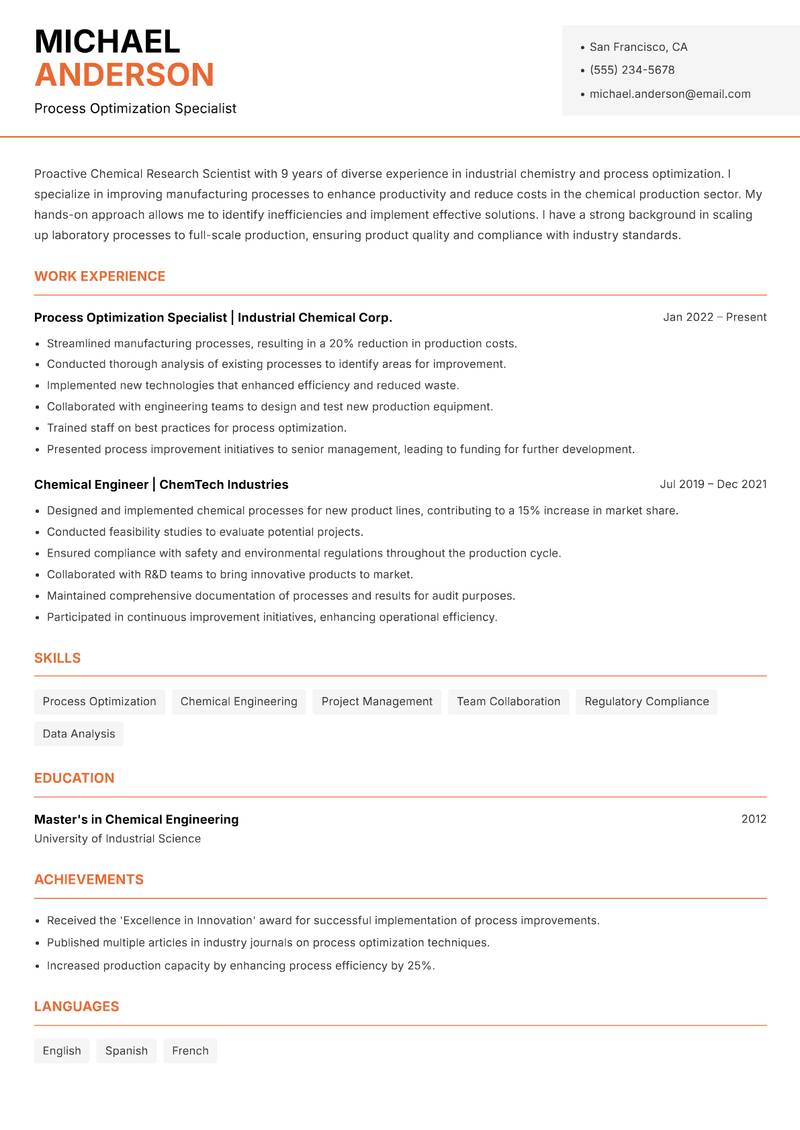 Chemical Research Scientist resume template — Modern Professional
