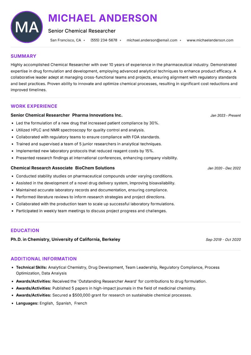Chemical Researcher resume example — ATS-friendly template