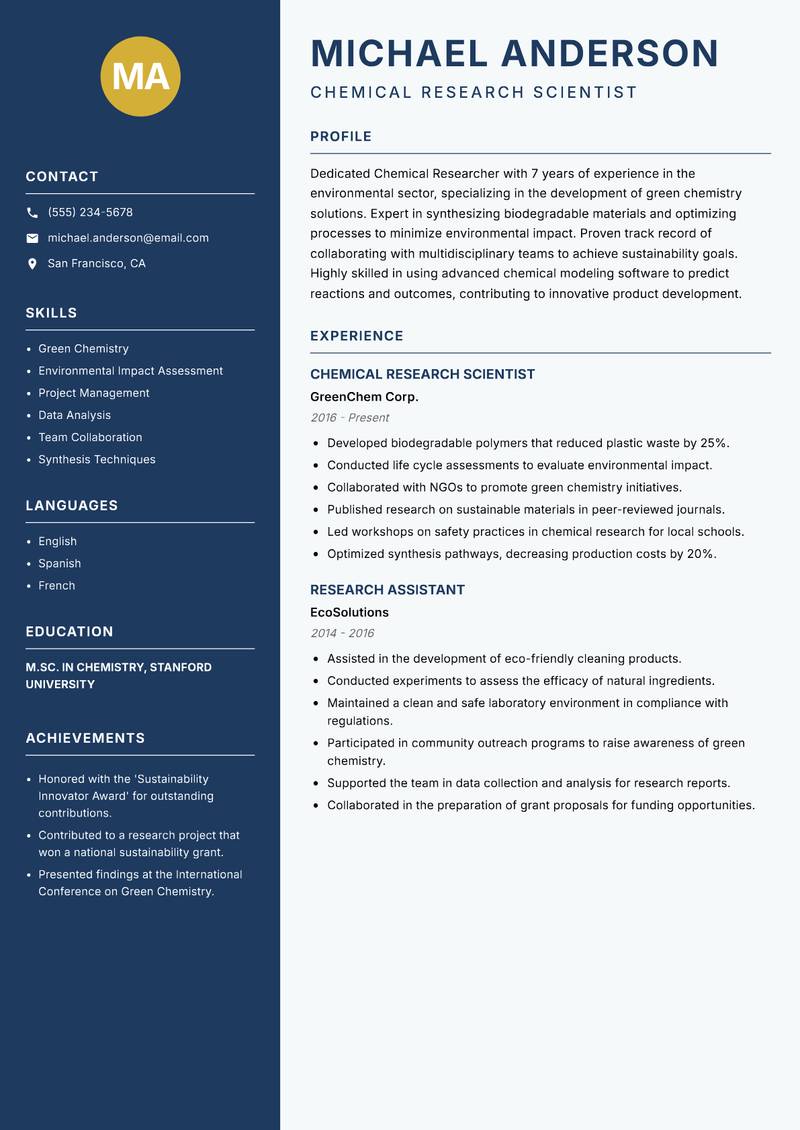 Chemical Researcher resume template — Classic Clean