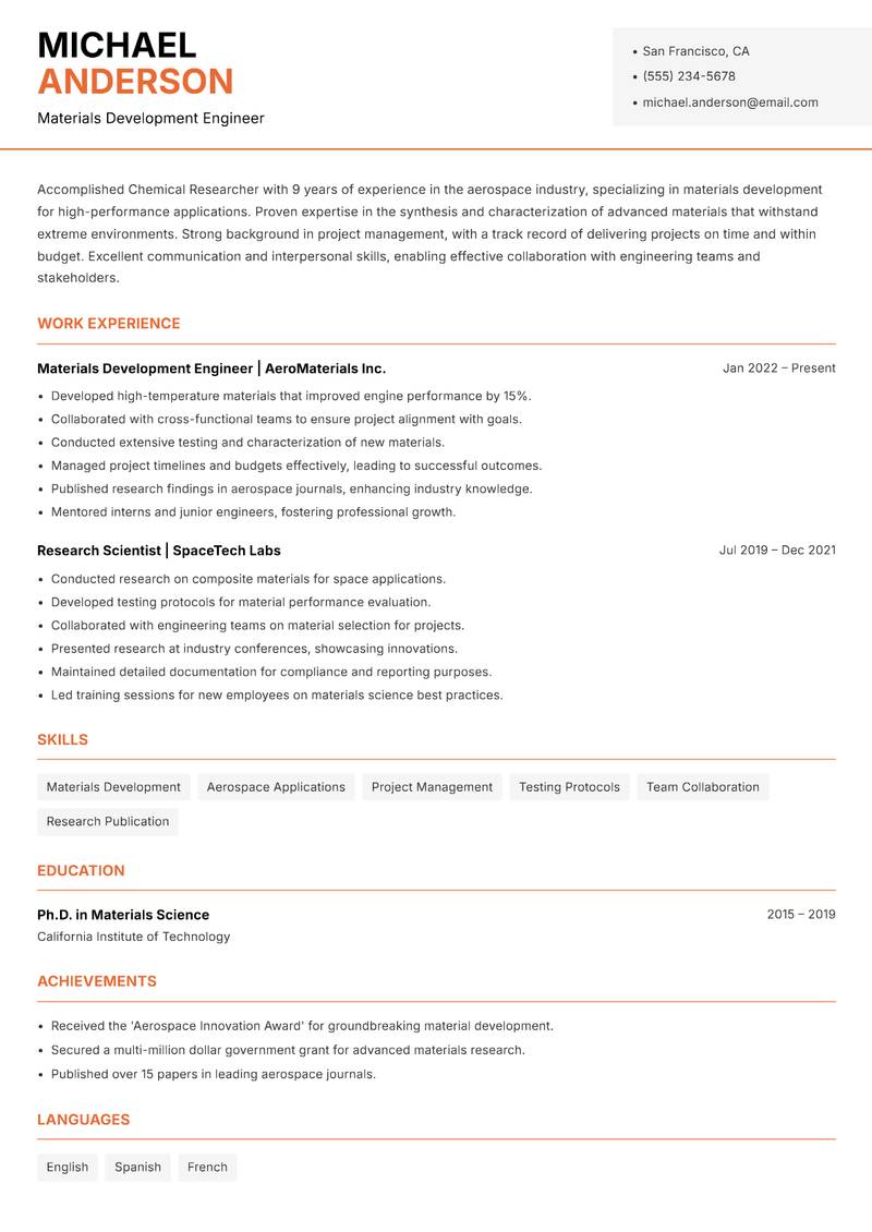Chemical Researcher resume template — Modern Professional