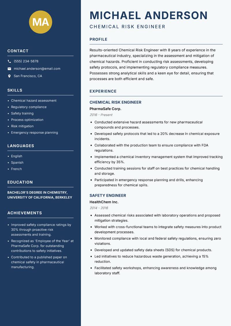 Chemical Risk Engineer resume template — Classic Clean