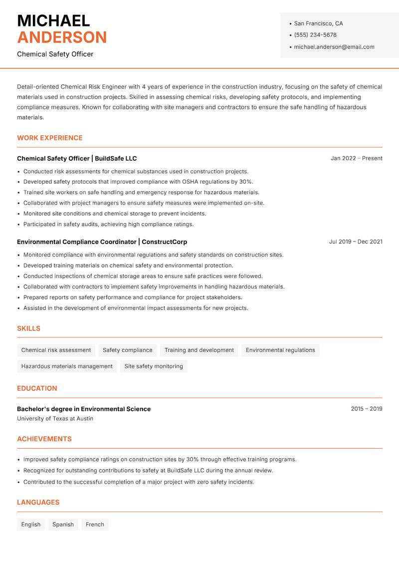 Chemical Risk Engineer resume template — Modern Professional
