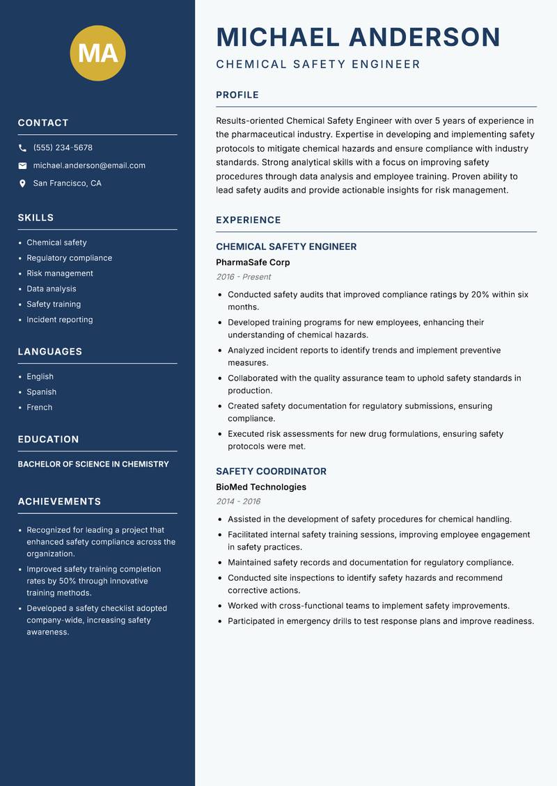 Chemical Safety Engineer resume template — Classic Clean