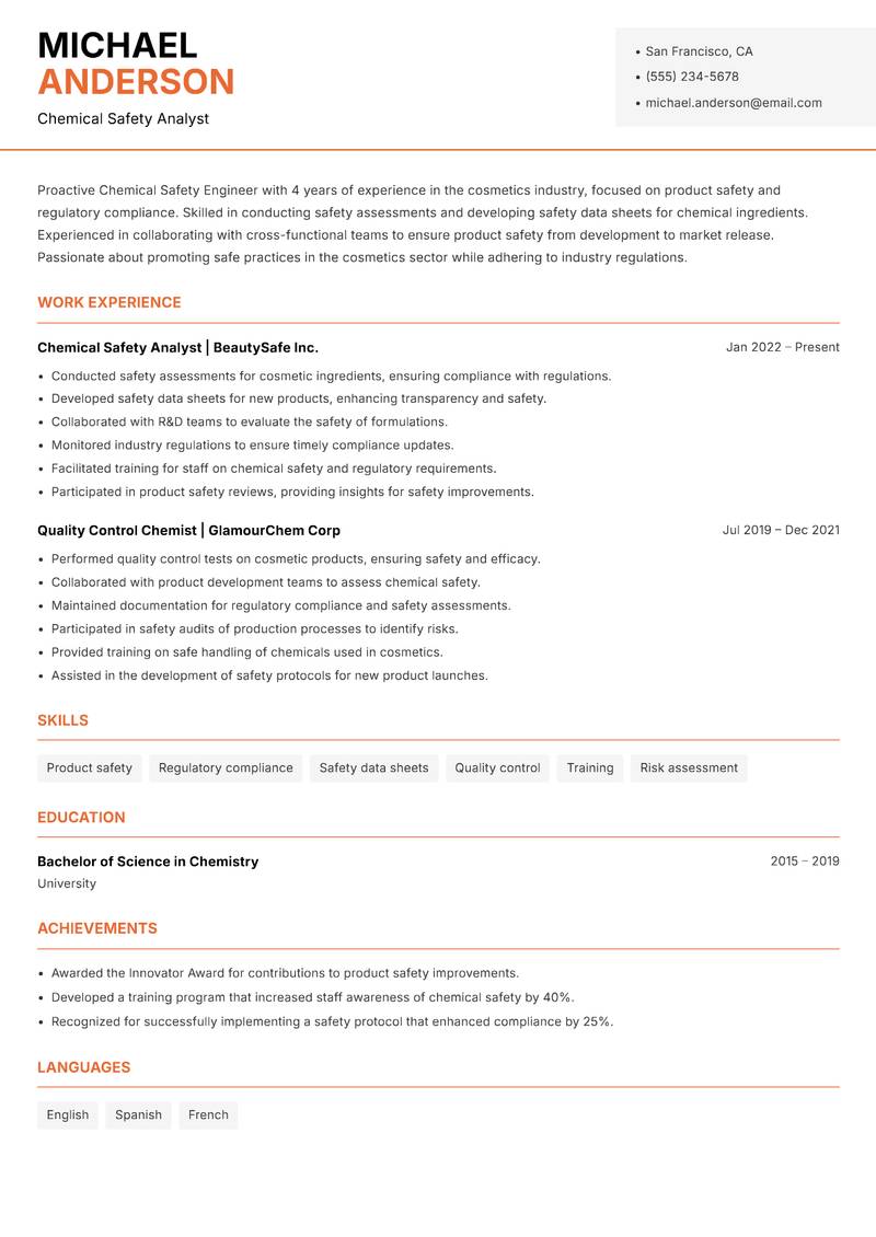 Chemical Safety Engineer resume template — Modern Professional