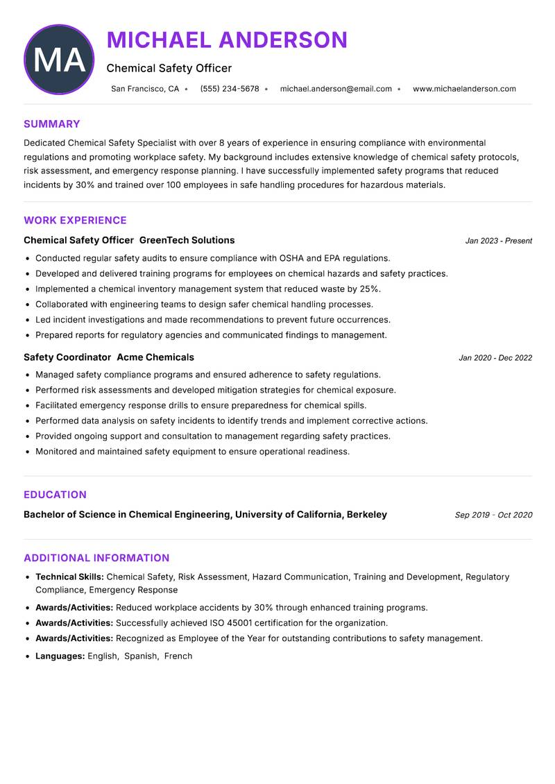 Chemical Safety Specialist resume example — ATS-friendly template