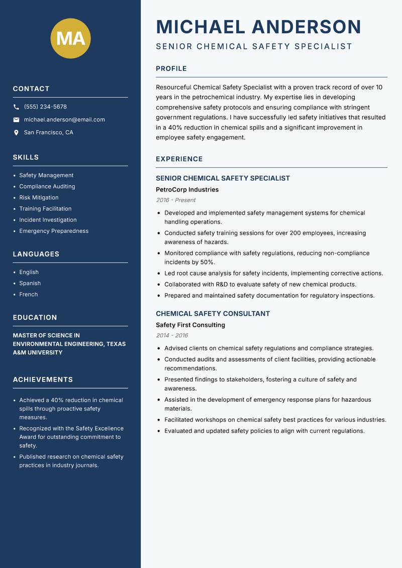 Chemical Safety Specialist resume template — Classic Clean
