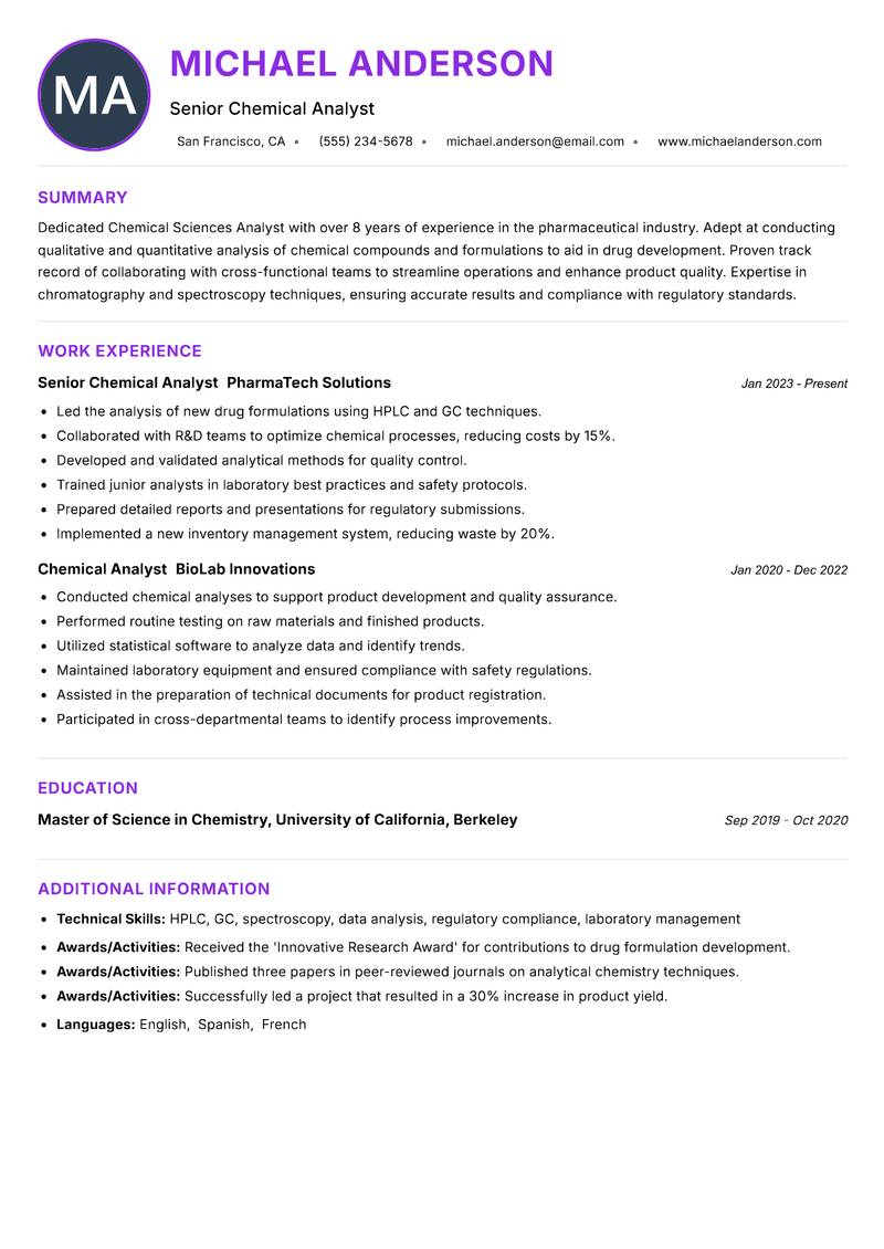 Chemical Sciences Analyst resume example — ATS-friendly template