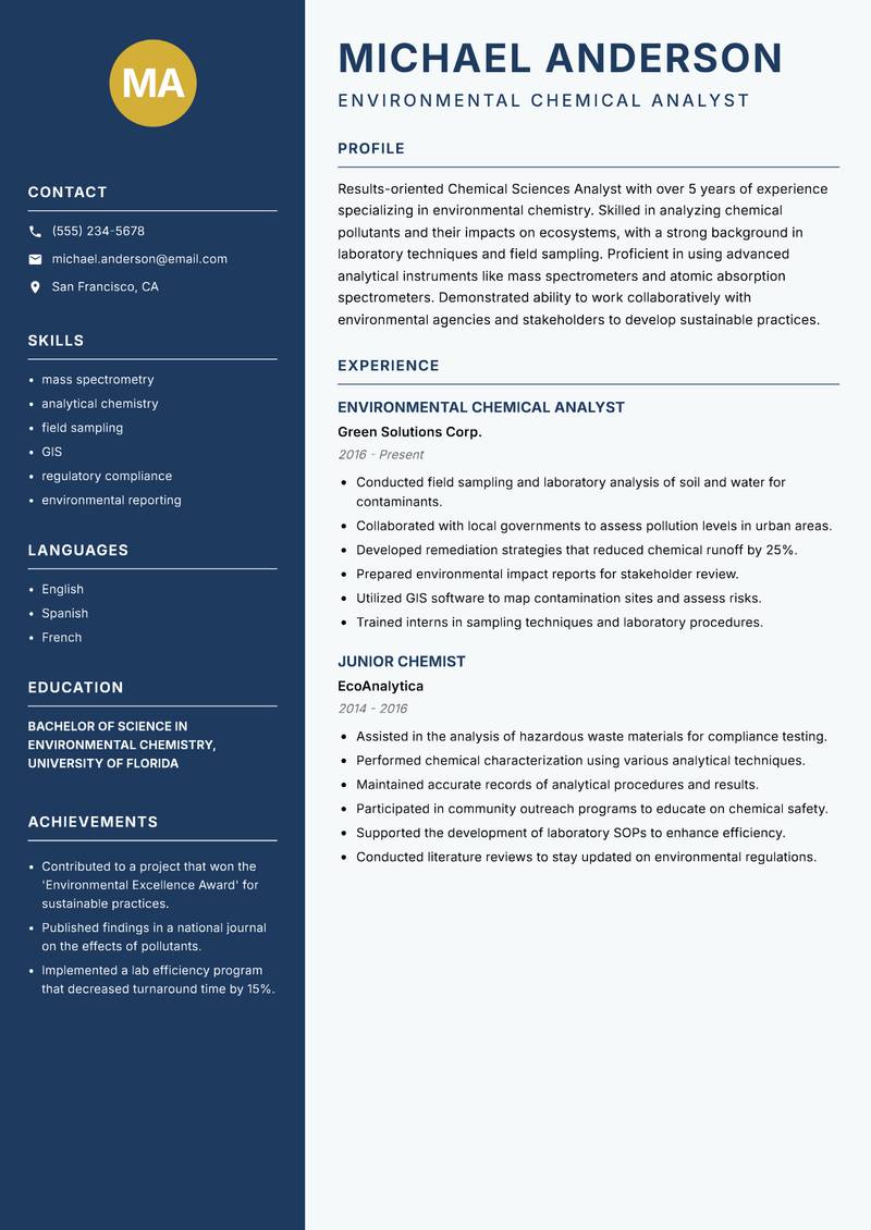 Chemical Sciences Analyst resume template — Classic Clean