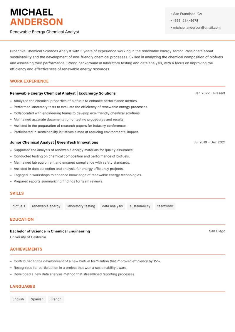 Chemical Sciences Analyst resume template — Modern Professional