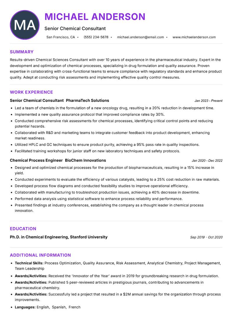 Chemical Sciences Consultant resume example — ATS-friendly template