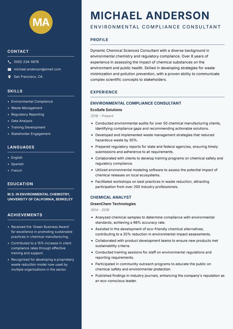 Chemical Sciences Consultant resume template — Classic Clean