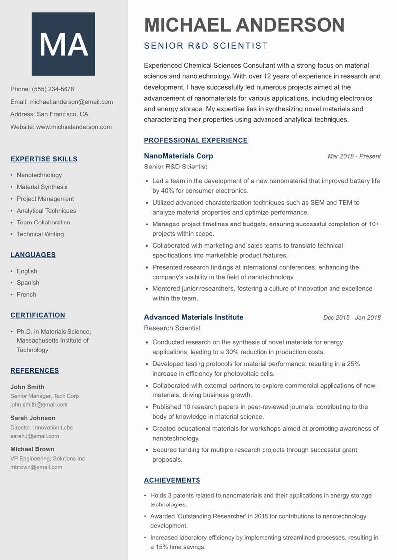 Chemical Sciences Consultant resume template — Creative Minimal