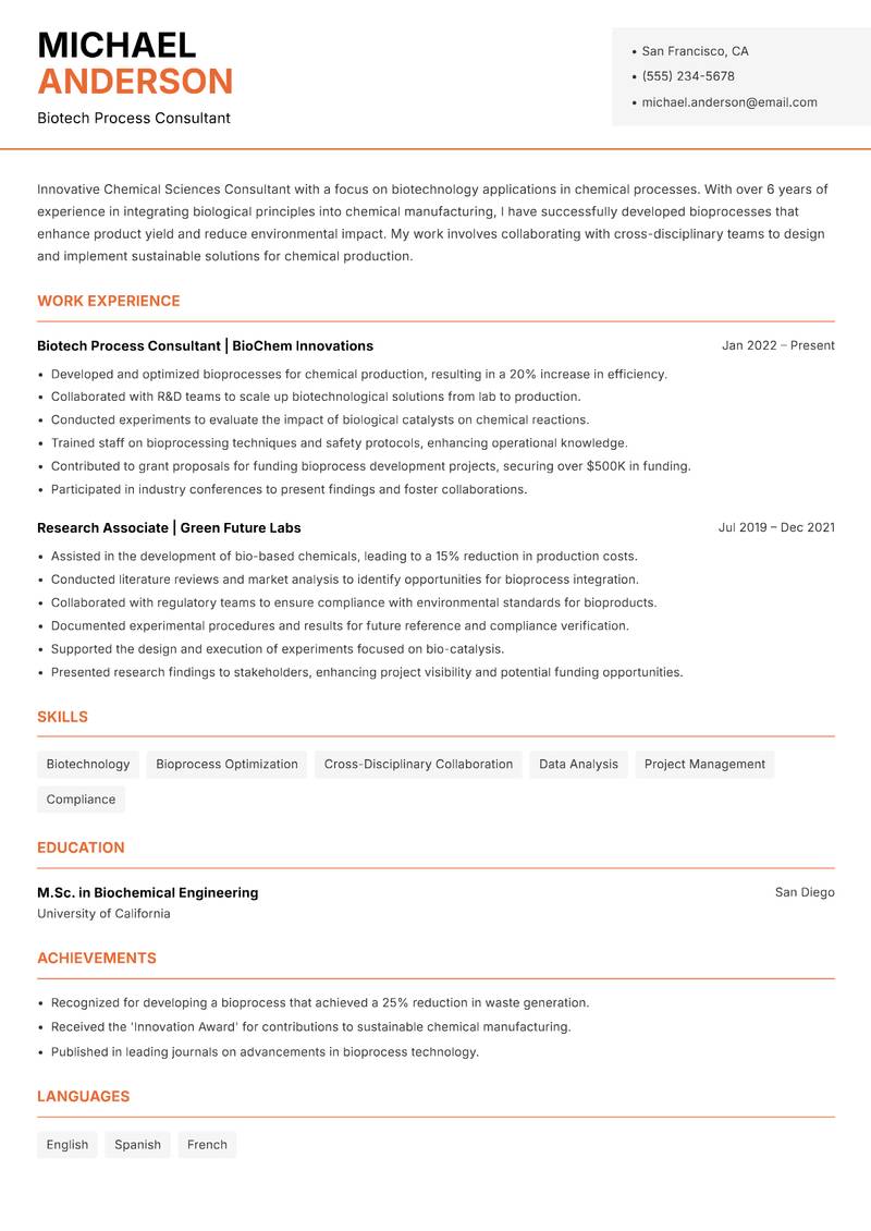 Chemical Sciences Consultant resume template — Modern Professional