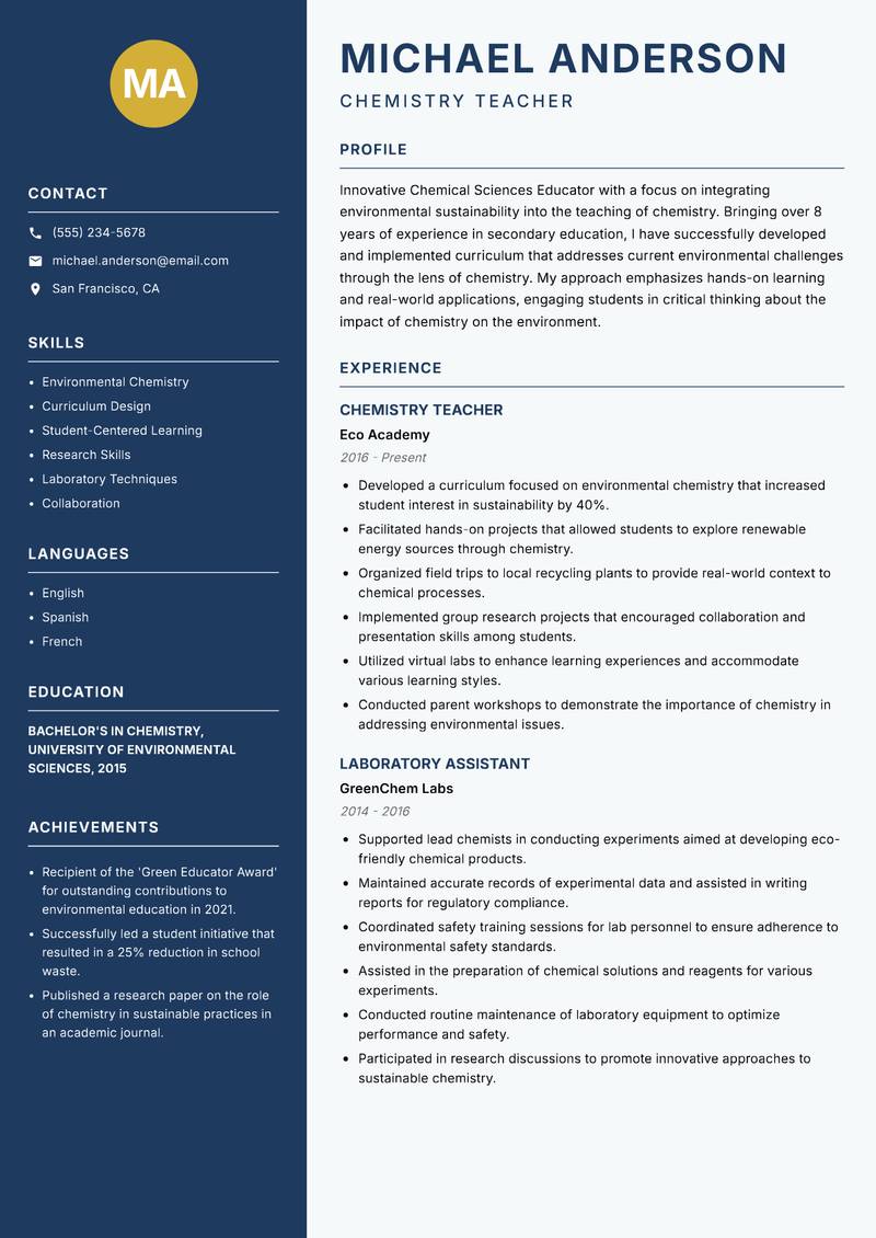 Chemical Sciences Educator resume template — Classic Clean