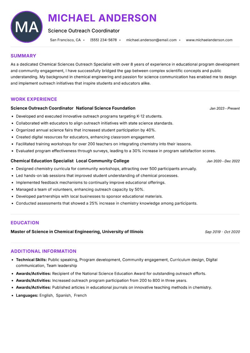 Chemical Sciences Outreach Specialist resume example — ATS-friendly template