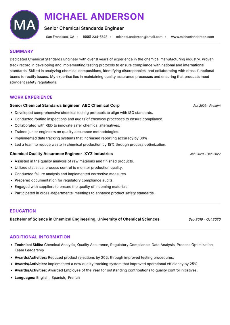 Chemical Standards Engineer resume example — ATS-friendly template