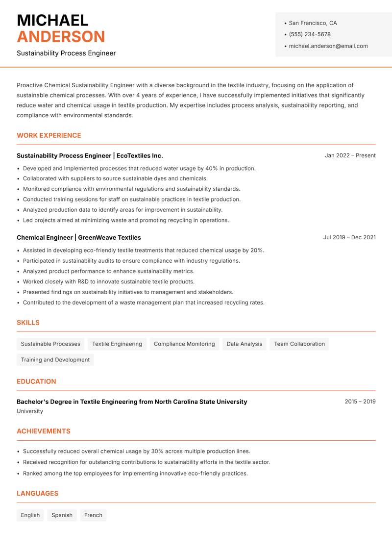 Chemical Sustainability Engineer resume template — Modern Professional
