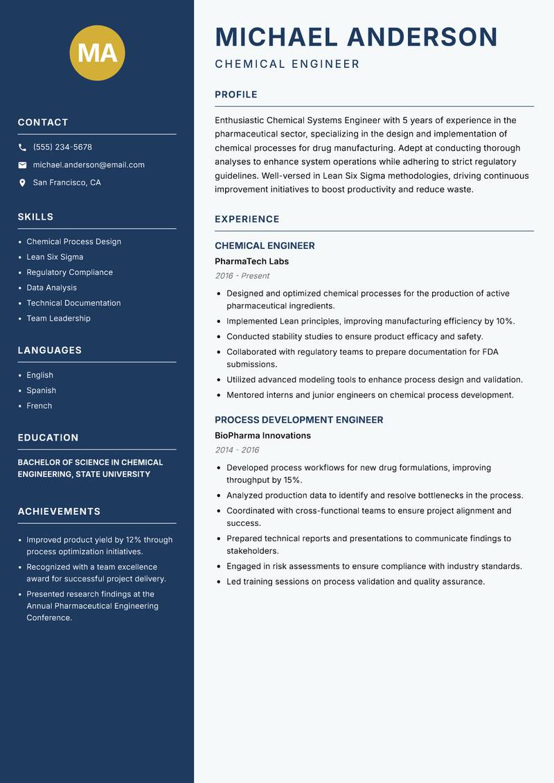 Chemical Systems Engineer resume template — Classic Clean