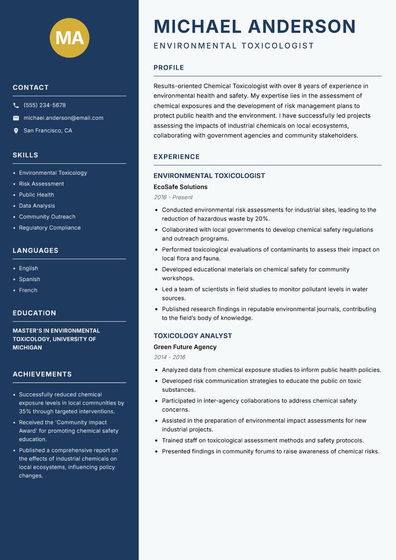 Chemical Toxicologist resume template — Classic Clean