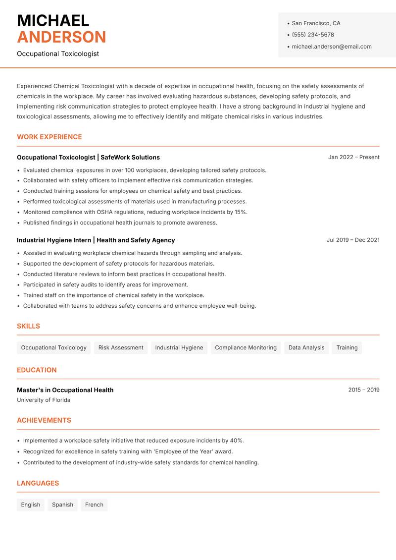 Chemical Toxicologist resume template — Modern Professional