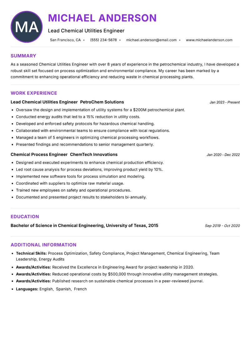 Chemical Utilities Engineer resume example — ATS-friendly template