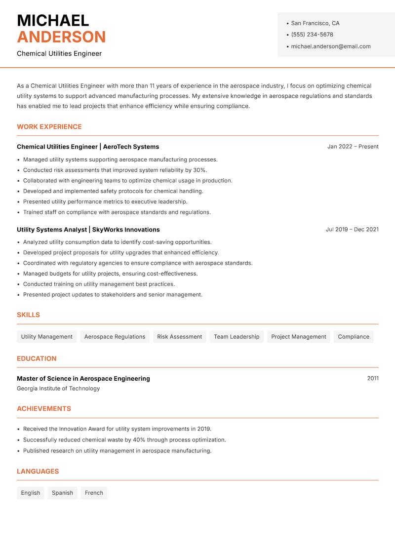 Chemical Utilities Engineer resume template — Modern Professional