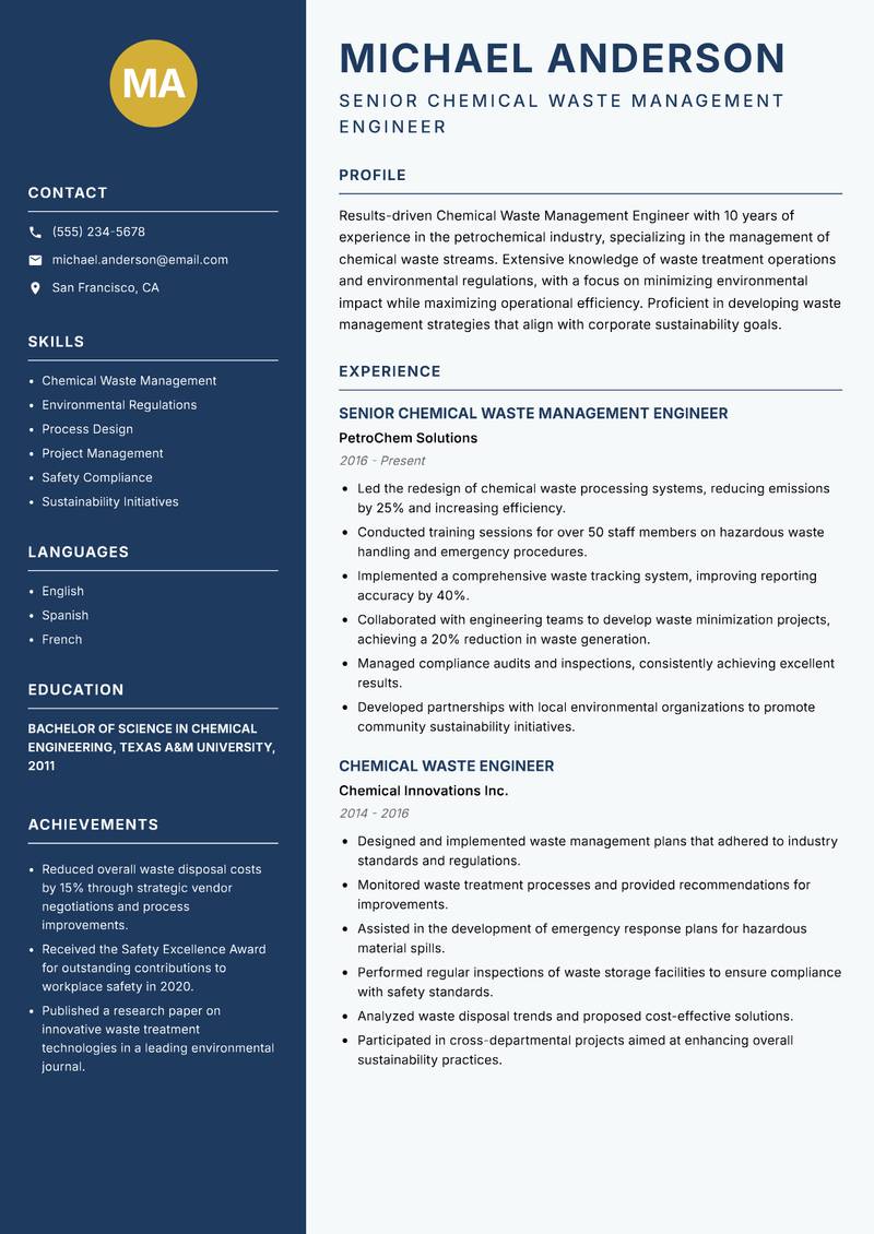 Chemical Waste Management Engineer resume template — Classic Clean