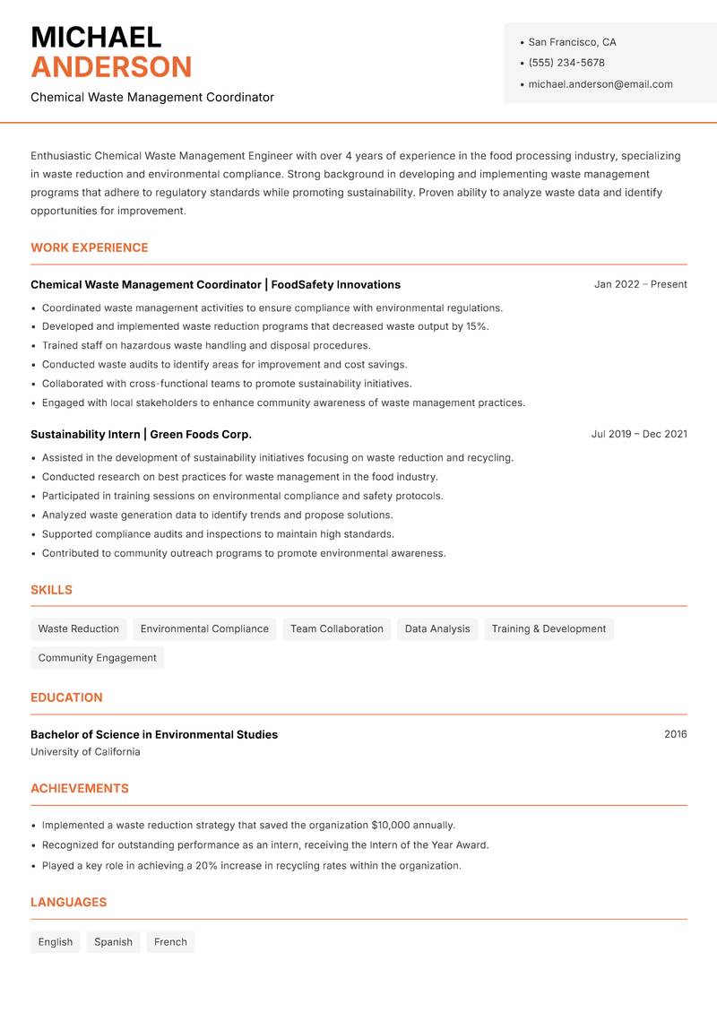 Chemical Waste Management Engineer resume template — Modern Professional