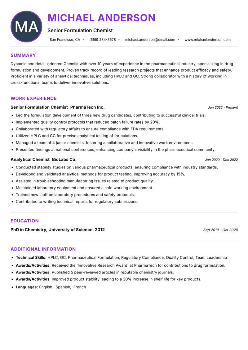 Chemist resume example — ATS-friendly template