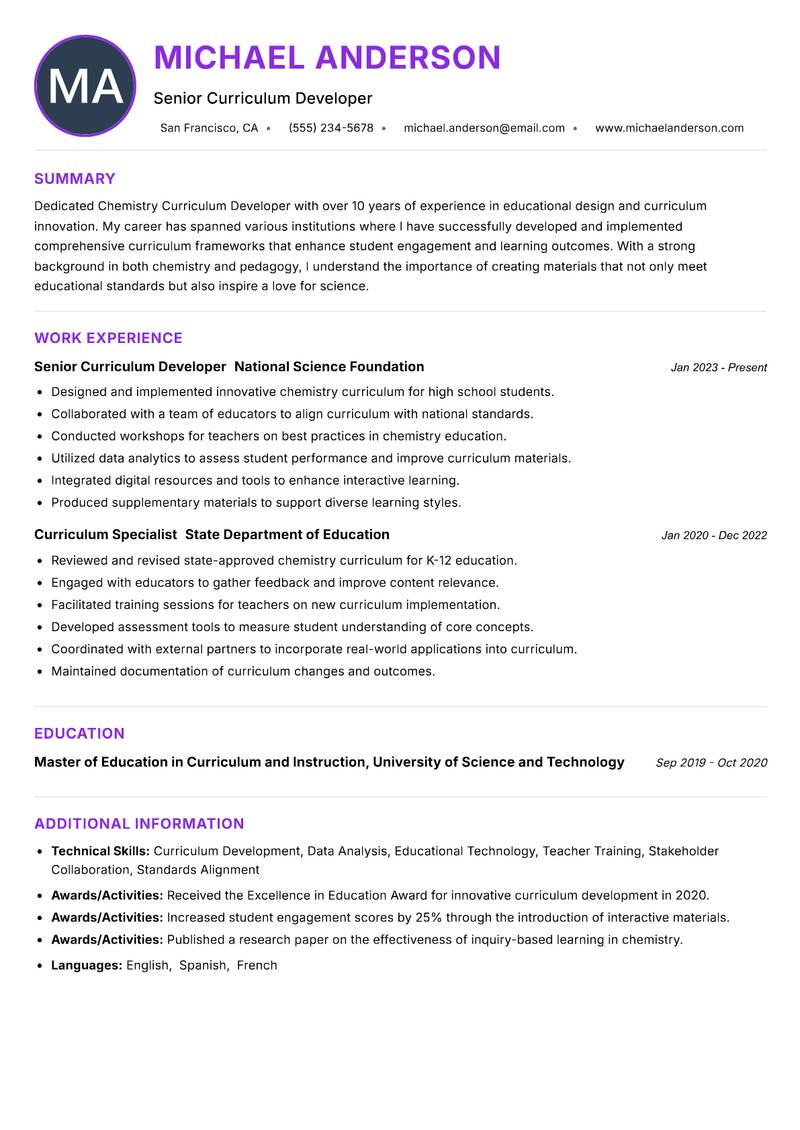 Chemistry Curriculum Developer resume example — ATS-friendly template